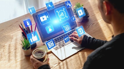 Content marketing interface with data dashboards, analytics charts, and content tools. Marketing...