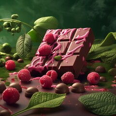 Chocolate bar with raspberry drizzle surrounded by fresh raspberries and greenery a sweet treat concept