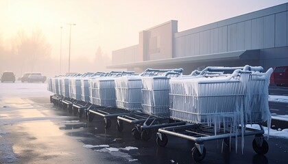 Frozen shopping carts lined up outside a large building in a snowy parking lot