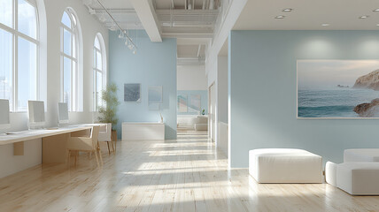 Stylish hallway with geometric wall art and recessed lighting creating depth.