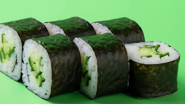 Green Screen Food & Beverage Fresh Cucumber Sushi Rolls Arranged in a Row on Green Background  Green Screen  Chroma Key
