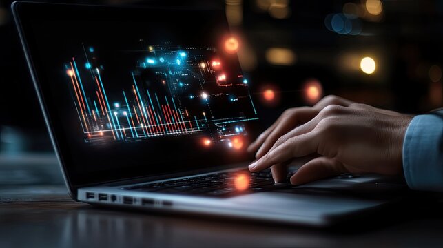 Laptop with colorful graph and typing hands in dark