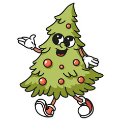 Fluffy Christmas tree mascot with colorful ornaments Bright retro vector design isolated on white background for festive decorations and holiday branding