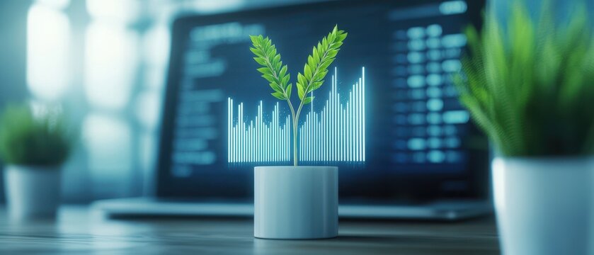 A small plant grows from a white pot, symbolizing growth and sustainability, with digital graphs displayed on a laptop in the background.