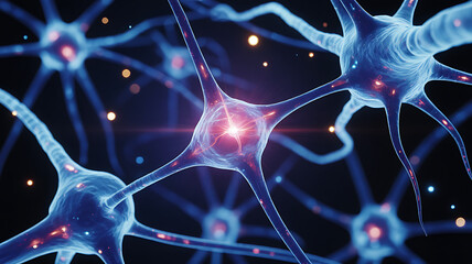 Close up of neurons cells with glowing link spots on dark background, brain and nervous system medical technology