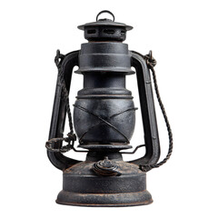 Vintage kerosene oil lantern with a rustic weathered metal finish and a sturdy handle isolated on transparent background