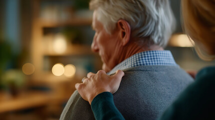 A senior man sits while a young adult woman places a hand on his shoulder their upper bodies partially visible conveying warmth and support in a softly lit living room