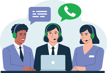 Diverse customer support team with headsets and laptop for communication and service