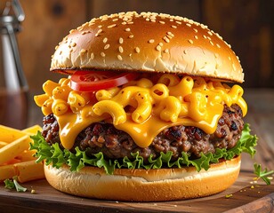 Close-up of a gourmet burger topped with mac and cheese