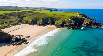 Aerial view of turquoise bay and golden sandy beach with dramatic green cliffs on sunny day