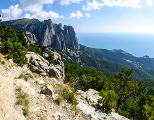 Fototapeta premium Mountain landscape with trail and ocean view