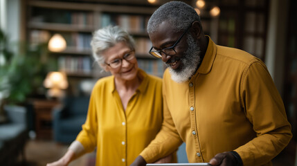 A senior woman uses a walker assisted by a Black man holding a digital tablet their focus on steady steps in a living room with bookshelves and windows mobility support