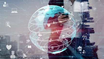 A modern business person interacts with a smartphone, surrounded by a vibrant digital globe, symbolizing global communication and technological advancement. Xenic