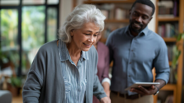A senior woman uses a walker assisted by a Black man holding a digital tablet their focus on steady steps in a living room with bookshelves and windows mobility support