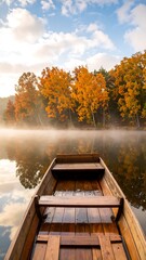 Autumnal lake scene with a wooden boat