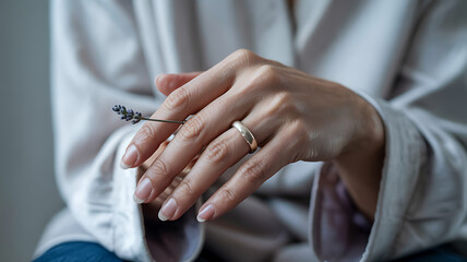 Close up of a womans hands holding a sprig of lavender, wearing a wedding ring, soft and romantic medical technology