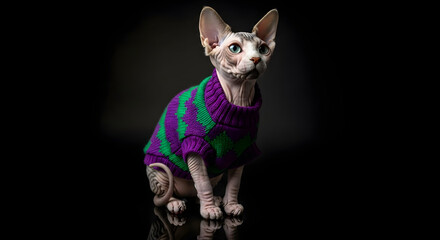 Fototapeta premium Studio portrait of a Sphynx cat wearing a colorful striped sweater on black background, dramatic lighting
