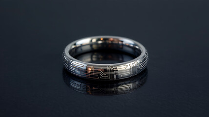 A futuristic ring with a circuit board pattern, symbolizing technology, innovation, and modern style on black surface medical technology