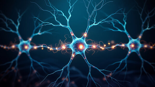 Illustration of interconnected neurons firing signals, representing neural networks, brain activity, and cognitive function medical technology