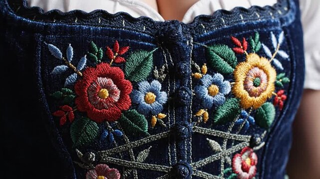 Close-up of traditional embroidered blue denim bodice with colorful floral patterns and decorative lacing, capturing folk art and cultural heritage