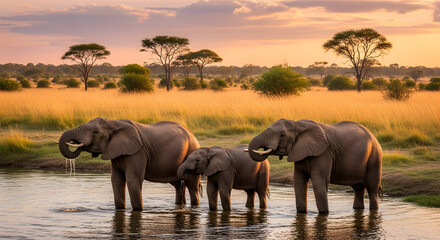 Naklejka premium African elephants drinking at a riverside in golden sunset savanna with acacia trees and reflections