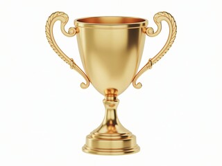 A gleaming golden trophy cup with ornate handles stands isolated on a white background. 