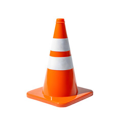 Bright orange traffic cone with white reflective stripes standing upright on a square base isolated on transparent background