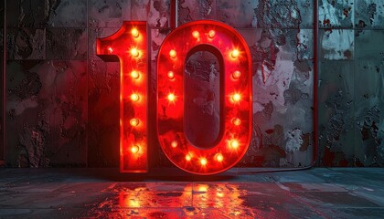 Glowing red number ten on a weathered wall