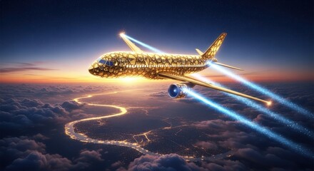 Obraz premium Golden Airplane Soaring Above a Starry Night Cityscape Below