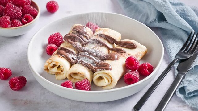 plate of freshly baked rolled crepes decorated with raspberries and chocolate cream. cook pouring pouder sugar on pancakes for making delicious breakfast, sweet dessert closeup in kitchen