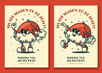 Jolly santa hat mascot Christmas card with festive lights and snowflakes vintage retro design for holiday greetings