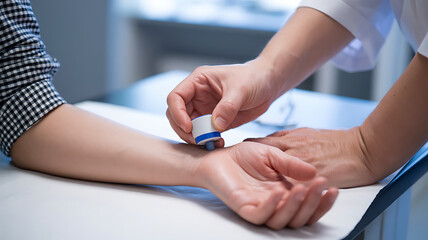 Doctor preparing patient for acupuncture treatment by cleaning the wrist for needle insertion medical technology