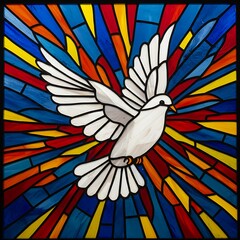 Artistic depiction of a flying dove, a symbol of peace, in the style of a colorful stained glass window