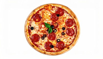 Round pizza with pepperoni, olives, and tomato