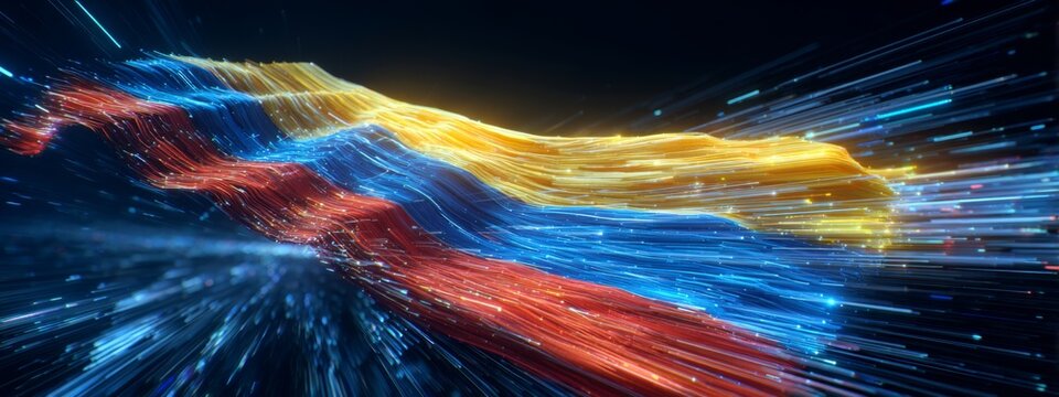 Futuristic Digital Animation of Ecuador Flag Waves With Colorful Light Effects and Energy Motion