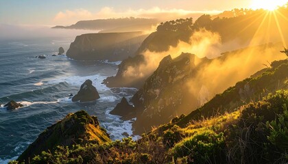Golden sunset over rugged Pacific Coast cliffs