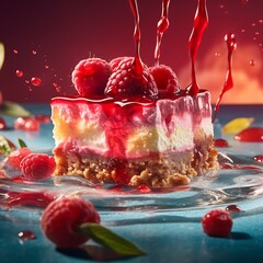 Raspberry cheesecake slice with dripping sauce a delicious dessert presentation perfect for food blogs and culinary publications