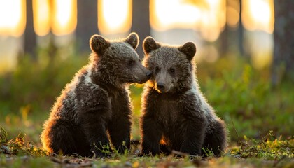 Obraz premium Two bear cubs interacting in a forest at sunset