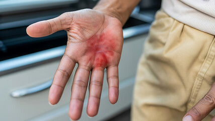 Close up of a mans hand with a severe burn isolated on white background medical technology