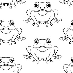 Tree Frogs Seamless Pattern. Cute frog on white background. Monochrome toads print design. Black and white contour vector illustration. Hand drawn line art.