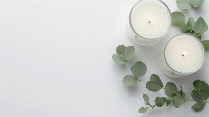Lit candles and eucalyptus on white background