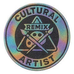 Circular patch featuring holographic texture, text reading 'CULTURAL ARTIST', a triangle with 'REMIX', a film reel, and crossed paintbrushes.