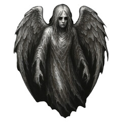 A haunting illustration of a spectral figure with flowing hair, tattered robes, and large wings, set against a dark background for dramatic contrast.