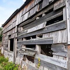 Decaying wooden building facade