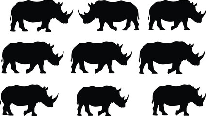 Silhouette collection of rhinoceroses, wildlife animal set, black rhino profiles, vector illustrations of rhino side views in different poses