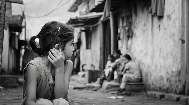 Black and white portrait of a young girl in a slum