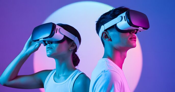Two people wearing virtual reality headsets experiencing immersive technology