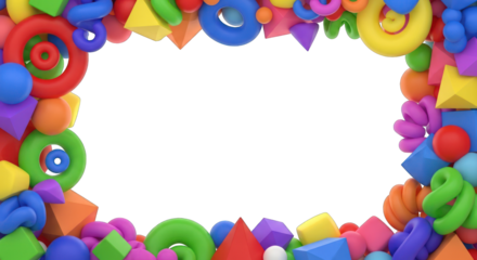 Colorful Geometric Shapes Frame with Spheres Cubes Pyramids Rings and Spirals.