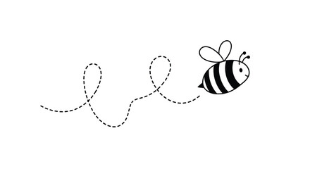 Cute cartoon bee flying on a dotted line path.