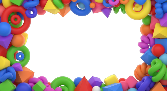 Colorful Geometric Shapes Frame with Spheres Cubes Pyramids Rings and Spirals.